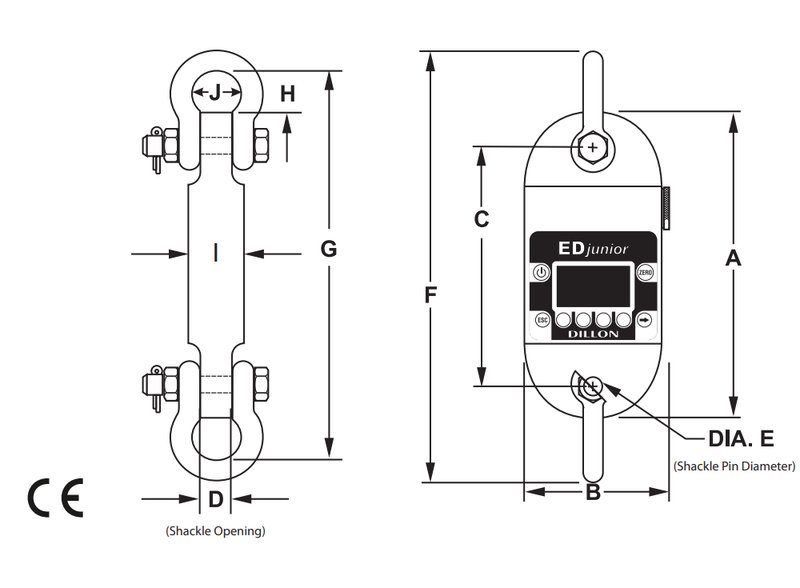 Dillon AWT05-506317 EDjr-1T EDjunior Digital Dynamometer with 2 Shackles, 2500 lbf / 1000 Kg Capacity