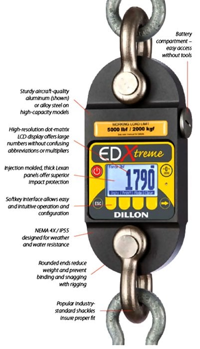 Dillon AWT05-506313 EDx-2T "Red" EDXtreme Dynamometer with 2 Shackles, 5,000 lbf Capacity